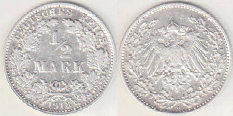 1913 J Germany silver 1/2 Mark A000126